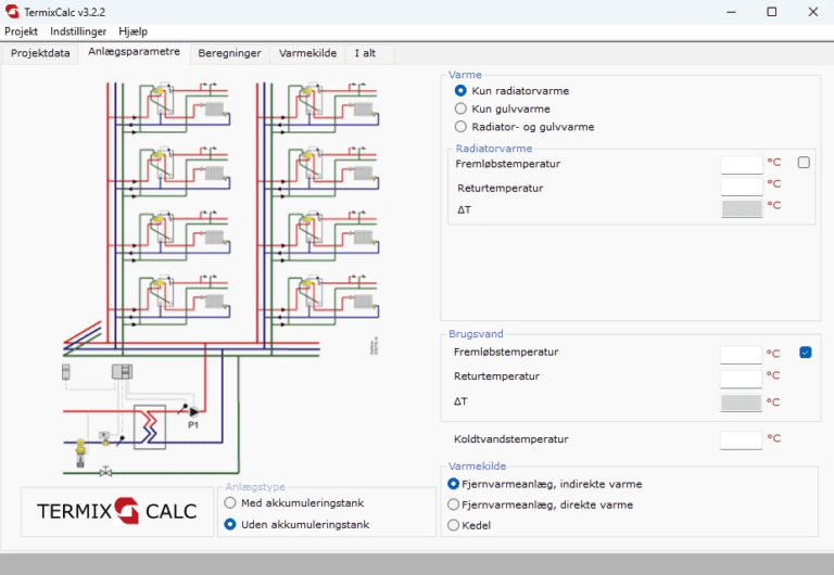 Skærmbillede af anlægsparametre på TermixCalc